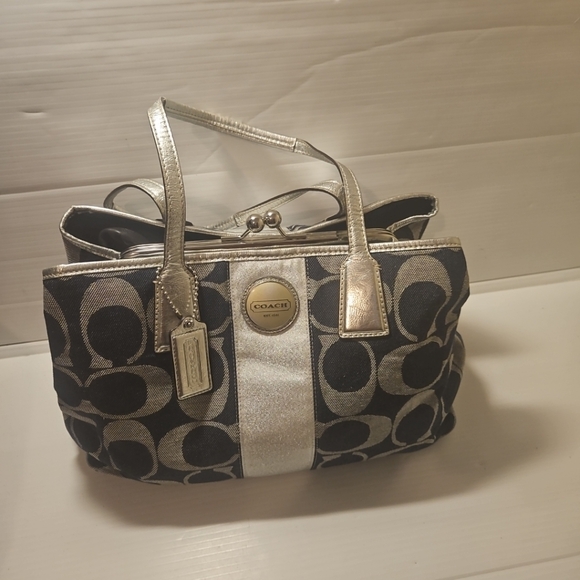 Coach Y2K Signature Stripe Kisslock Medium Tote Shoulder Handbag - Picture 1 of 12